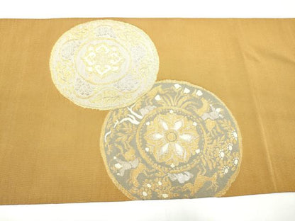 平和屋着物●爪掻き本綴れ　太鼓柄袋帯　絵皿花文　金銀糸　正絹　逸品　CABH4999hy