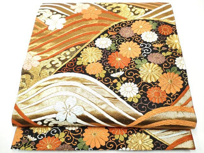 平和屋着物●西陣　河合美術織物謹製　六通柄袋帯　唐織　流水花唐草文　黒地　金糸　正絹　逸品　CABH5007hy