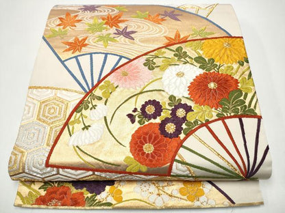 平和屋着物●西陣　河合美術織物謹製　六通柄袋帯　唐織　扇面草花文　正絹　逸品　CABH5008hy