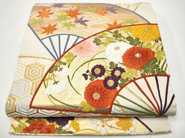 平和屋着物●西陣　河合美術織物謹製　六通柄袋帯　唐織　扇面草花文　正絹　逸品　CABH5008hy