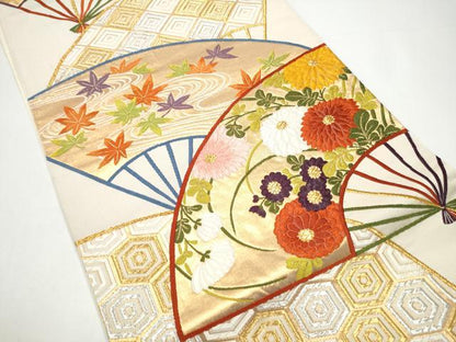 平和屋着物●西陣　河合美術織物謹製　六通柄袋帯　唐織　扇面草花文　正絹　逸品　CABH5008hy