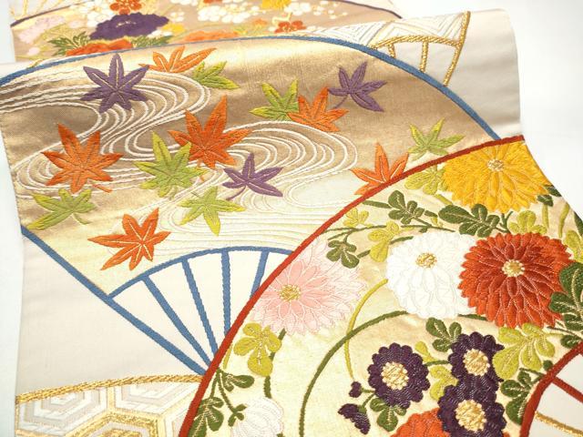 平和屋着物●西陣　河合美術織物謹製　六通柄袋帯　唐織　扇面草花文　正絹　逸品　CABH5008hy