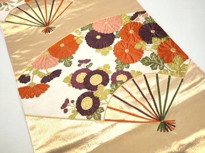 平和屋着物●西陣　河合美術織物謹製　六通柄袋帯　唐織　扇面花文　金銀糸　正絹　逸品　CABH5015hy