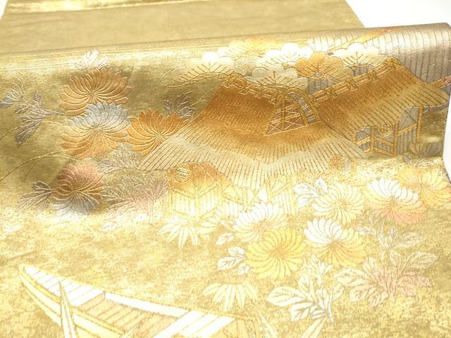 平和屋着物●金彩友禅　卓越技能者・名工・和田光正　太鼓柄袋帯　風景草花文　金銀彩　引箔　正絹　逸品　CABH5019hy
