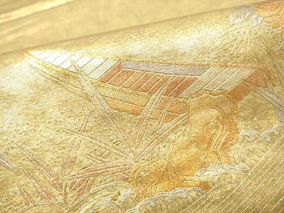 平和屋着物●金彩友禅　卓越技能者・名工・和田光正　太鼓柄袋帯　風景草花文　金銀彩　引箔　正絹　逸品　CABH5019hy