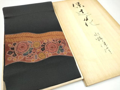 平和屋着物●：伝統工芸士　水野保　保辻が花染　九寸開き名古屋帯　辻が花　絞り　黒地　鬼しぼ縮緬　共箱付き　正絹　逸品　CABH5027hy