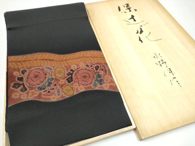 平和屋着物●：伝統工芸士　水野保　保辻が花染　九寸開き名古屋帯　辻が花　絞り　黒地　鬼しぼ縮緬　共箱付き　正絹　逸品　CABH5027hy
