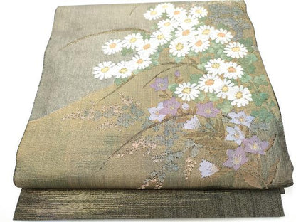 平和屋着物●京の名門　じゅらく謹製　太鼓柄袋帯　白菊秋草　金糸　正絹　逸品　CABH5044hy
