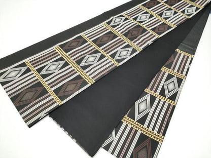 平和屋着物●六通柄袋帯　紹巴　名物裂間道　黒地　正絹　逸品　CABH5047hy