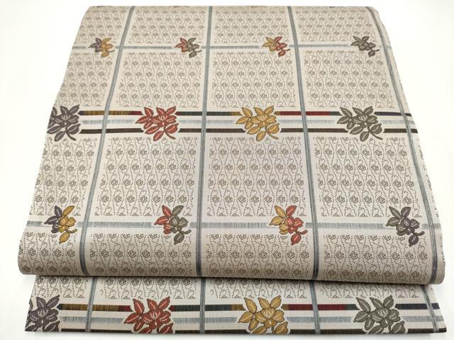 平和屋着物●全通柄袋帯　格子枝葉文　正絹　逸品　CABH5053hy