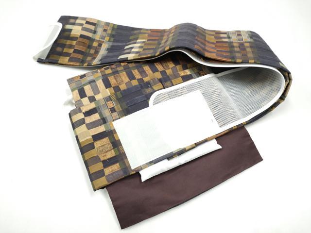 平和屋着物●ワンタッチつけ帯　ふくれ織　格子柄　金糸　正絹　逸品　CABH5077hy