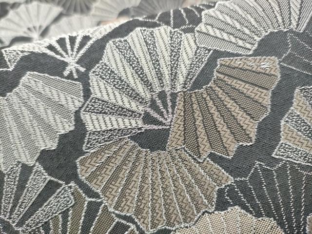 平和屋着物●両面　六通柄袋帯　檜扇文　黒地　銀糸　やまと誂製　正絹　逸品　CABH5096hy