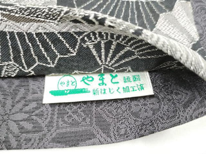 平和屋着物●両面　六通柄袋帯　檜扇文　黒地　銀糸　やまと誂製　正絹　逸品　CABH5096hy