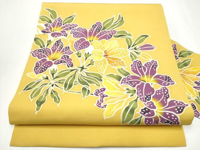 平和屋着物●塩瀬　九寸名古屋帯　ろうけつ染　枝花文　正絹　逸品　CABH5107hy