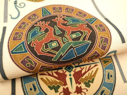 平和屋着物●全通柄　九寸名古屋帯　型染め　絵皿葡萄蔦の葉文　鬼しぼ縮緬　正絹　逸品　CABH5108hy