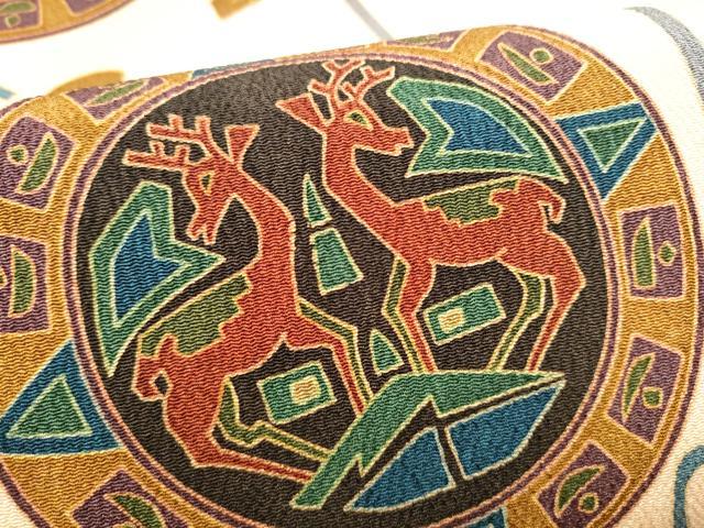 平和屋着物●全通柄　九寸名古屋帯　型染め　絵皿葡萄蔦の葉文　鬼しぼ縮緬　正絹　逸品　CABH5108hy