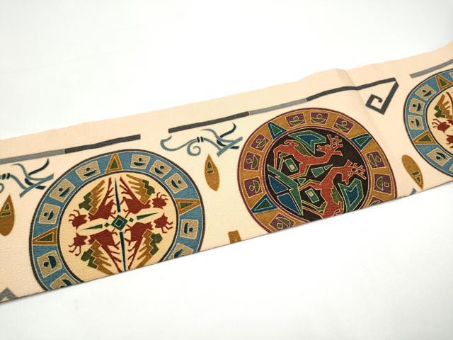 平和屋着物●全通柄　九寸名古屋帯　型染め　絵皿葡萄蔦の葉文　鬼しぼ縮緬　正絹　逸品　CABH5108hy