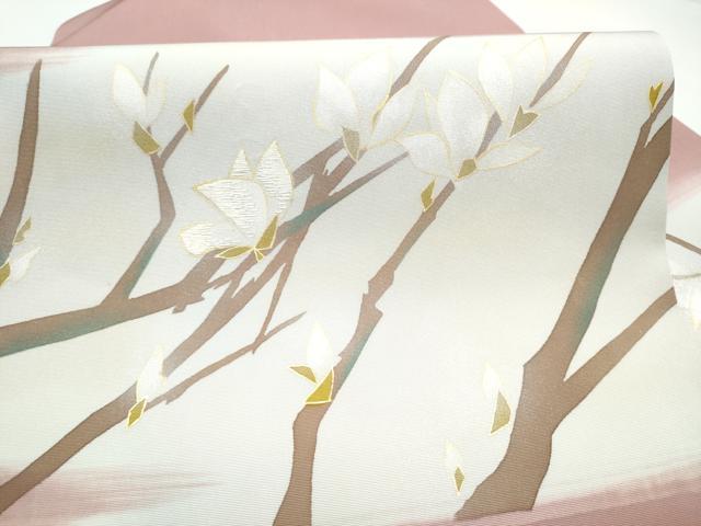 平和屋着物●塩瀬　九寸名古屋帯　刺繍　枝花文　金彩　正絹　逸品　CABH5119hy