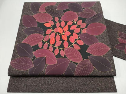 平和屋着物●九寸名古屋帯　作家物　刺繍　枝葉文　金彩　正絹　逸品　CABH5121hy