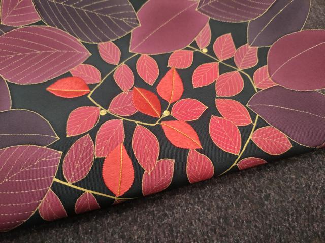 平和屋着物●九寸名古屋帯　作家物　刺繍　枝葉文　金彩　正絹　逸品　CABH5121hy