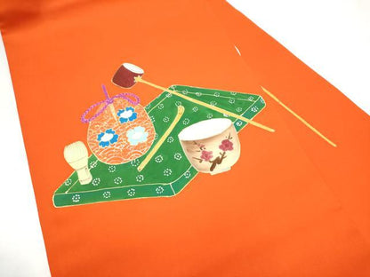 平和屋着物●塩瀬　九寸名古屋帯　手描き　茶器　金彩　正絹　逸品　CABH5123hy