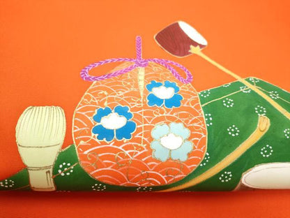 平和屋着物●塩瀬　九寸名古屋帯　手描き　茶器　金彩　正絹　逸品　CABH5123hy