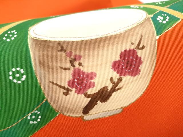 平和屋着物●塩瀬　九寸名古屋帯　手描き　茶器　金彩　正絹　逸品　CABH5123hy