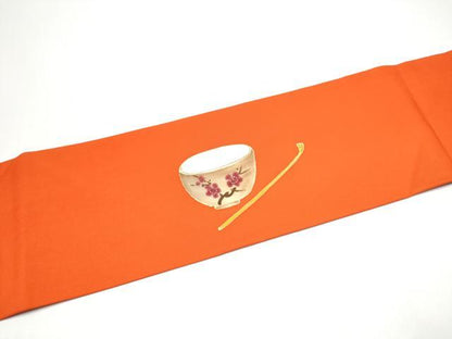 平和屋着物●塩瀬　九寸名古屋帯　手描き　茶器　金彩　正絹　逸品　CABH5123hy