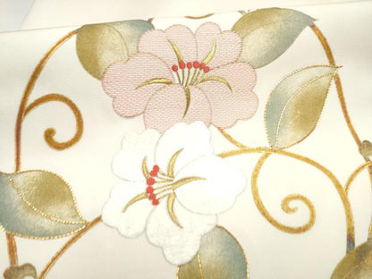 平和屋着物●塩瀬　九寸名古屋帯　駒刺繍　花唐草文　金彩　正絹　逸品　CABH5132hy