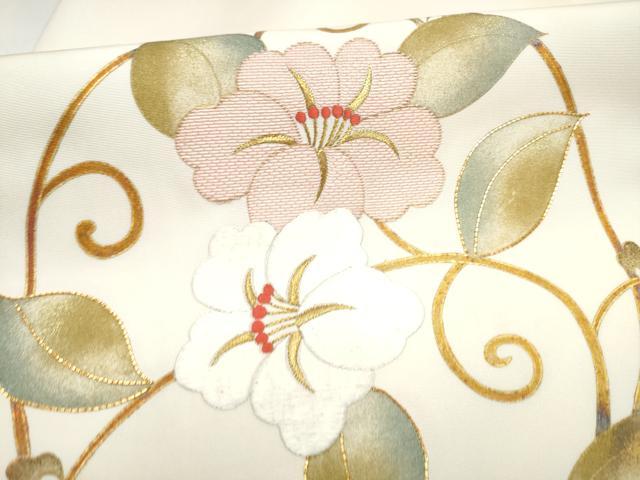 平和屋着物●塩瀬　九寸名古屋帯　駒刺繍　花唐草文　金彩　正絹　逸品　CABH5132hy