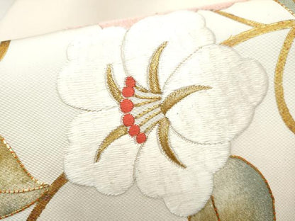 平和屋着物●塩瀬　九寸名古屋帯　駒刺繍　花唐草文　金彩　正絹　逸品　CABH5132hy
