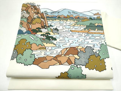 平和屋着物●塩瀬　九寸名古屋帯　型染め　風景文　正絹　逸品　CABH5136hy