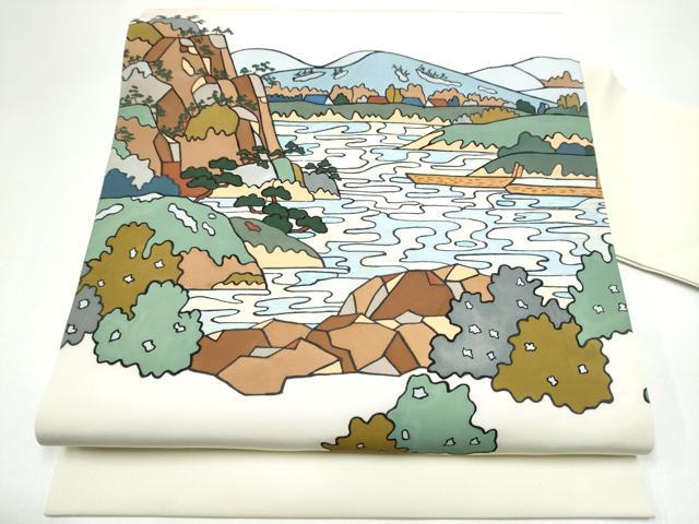 平和屋着物●塩瀬　九寸名古屋帯　型染め　風景文　正絹　逸品　CABH5136hy