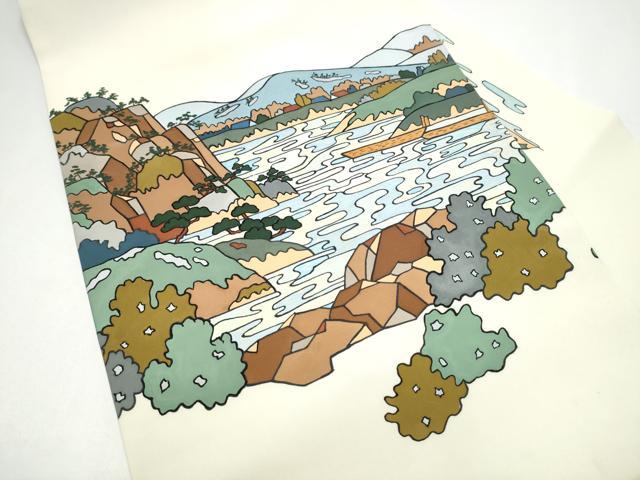 平和屋着物●塩瀬　九寸名古屋帯　型染め　風景文　正絹　逸品　CABH5136hy
