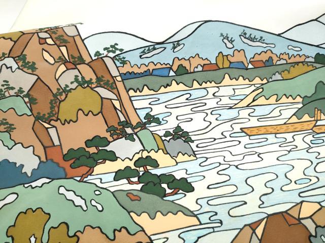 平和屋着物●塩瀬　九寸名古屋帯　型染め　風景文　正絹　逸品　CABH5136hy