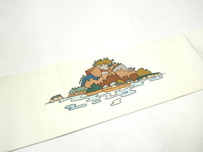 平和屋着物●塩瀬　九寸名古屋帯　型染め　風景文　正絹　逸品　CABH5136hy