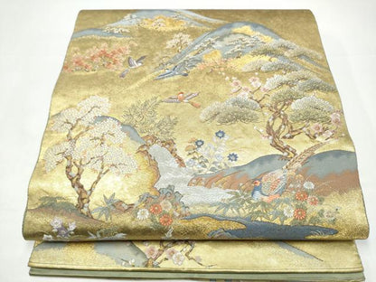平和屋本店●西陣　長嶋成織物　ながしま帯　六通柄袋帯　遠山花鳥集　本金箔　瀞金錦　正絹　逸品　CABH5161hy