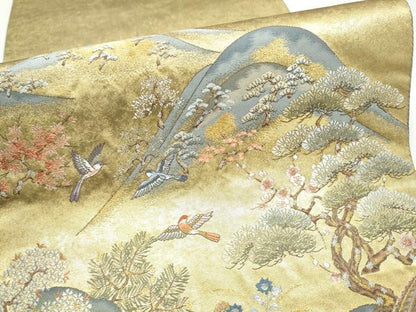 平和屋本店●西陣　長嶋成織物　ながしま帯　六通柄袋帯　遠山花鳥集　本金箔　瀞金錦　正絹　逸品　CABH5161hy