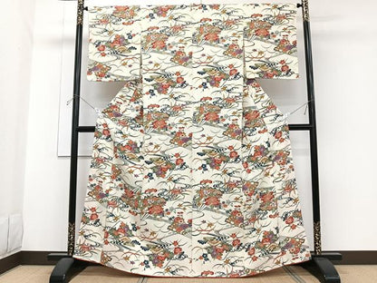 平和屋着物■上質な小紋　型染め　立波檜扇花文　正絹　逸品　CABH5258xi