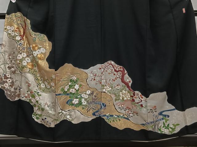 平和屋着物■豪華黒留袖　作家物　駒刺繍　道長流水草花文　金銀彩　正絹　逸品　CABH5310xi