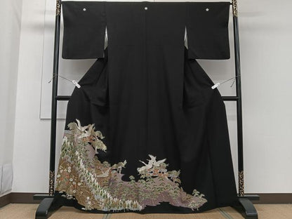 平和屋着物■豪華黒留袖　渡橋枝松鶴花文　暈し染め　金彩　正絹　逸品　CABH5335xi