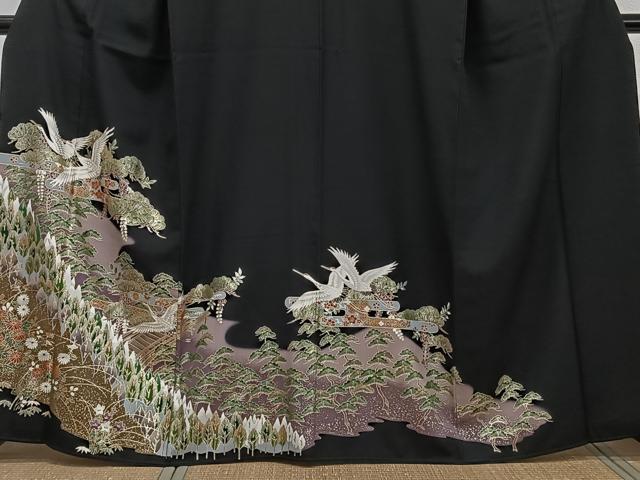 平和屋着物■豪華黒留袖　渡橋枝松鶴花文　暈し染め　金彩　正絹　逸品　CABH5335xi