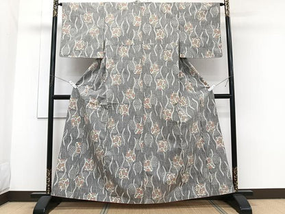 平和屋着物■上質な紬　色紙草花文　正絹　逸品　CABH5346xi
