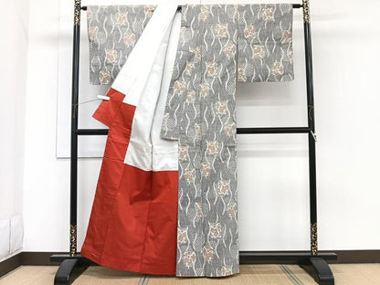 平和屋着物■上質な紬　色紙草花文　正絹　逸品　CABH5346xi