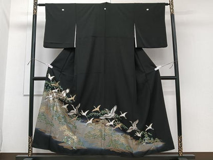 平和屋着物■豪華黒留袖　籬飛鶴風景文　暈し染め　金銀彩　正絹　逸品　CABH5361xi