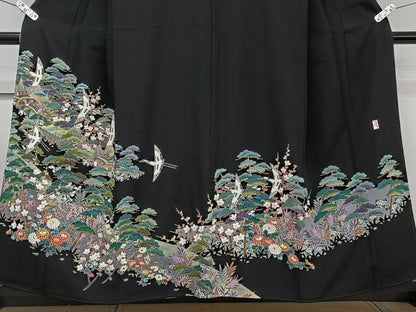 平和屋着物■豪華黒留袖　友禅　作家物　鶴風景花文　正絹　逸品　CABH5526xi