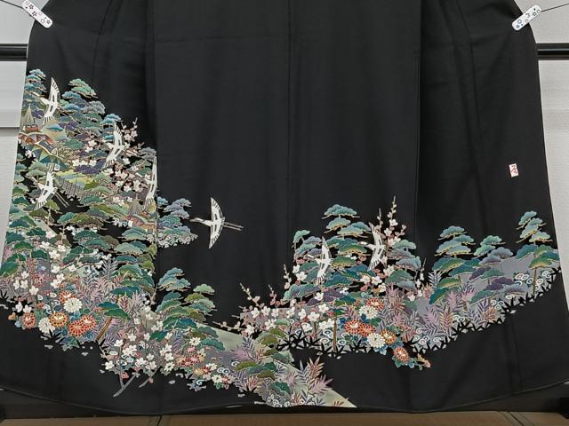 平和屋着物■豪華黒留袖　友禅　作家物　鶴風景花文　正絹　逸品　CABH5526xi