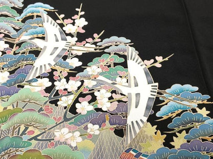 平和屋着物■豪華黒留袖　友禅　作家物　鶴風景花文　正絹　逸品　CABH5526xi