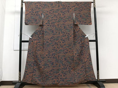 平和屋着物■上質な小紋　型染め　流水風景花文　鬼しぼ縮緬　正絹　逸品　CABH5531xi
