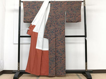 平和屋着物■上質な小紋　型染め　流水風景花文　鬼しぼ縮緬　正絹　逸品　CABH5531xi
